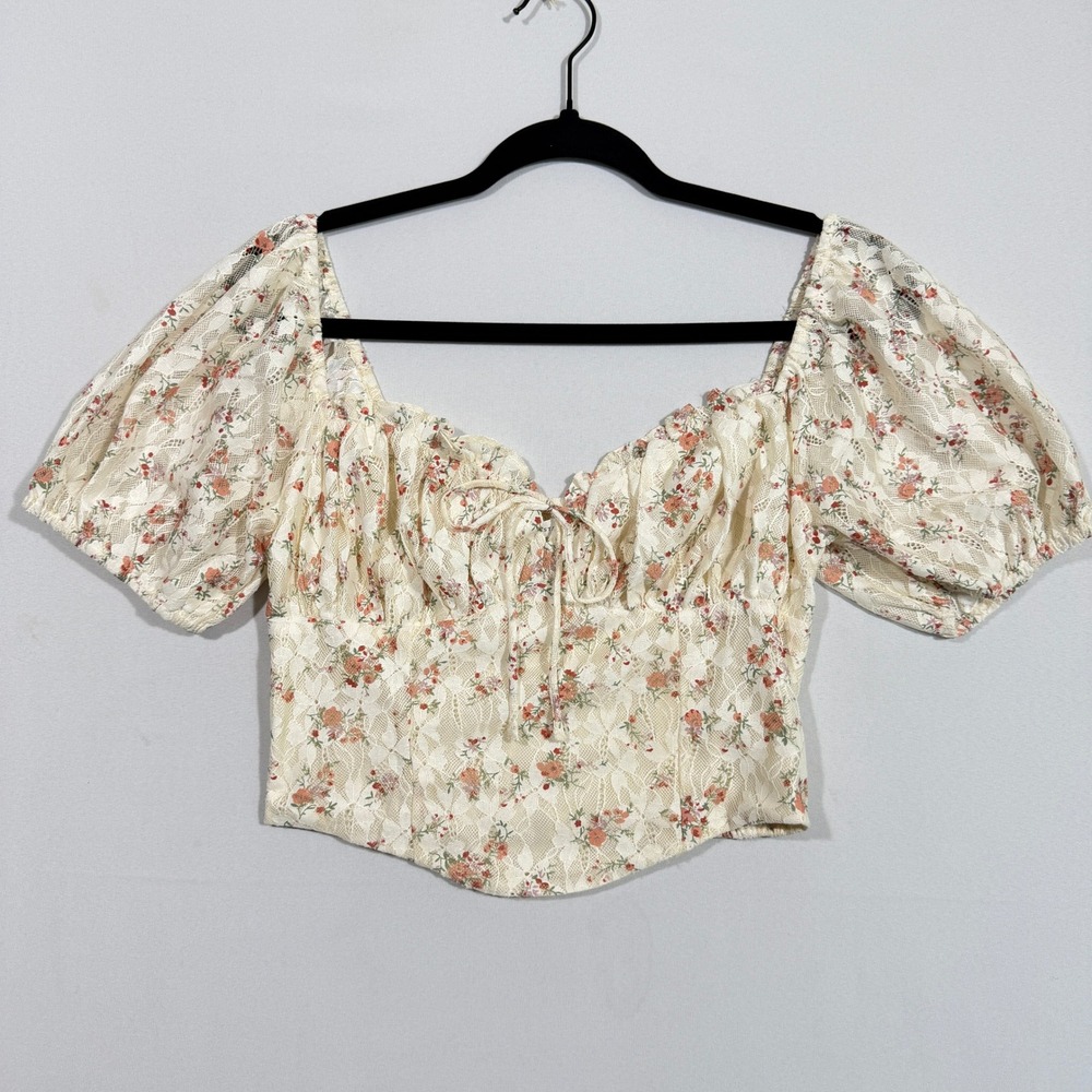 Altard State Womens Blouse Small Ivory Floral Lace Crop Milkmaid Cottagecore Top